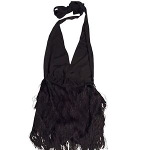 Elegant Fringe Black Halter Dress